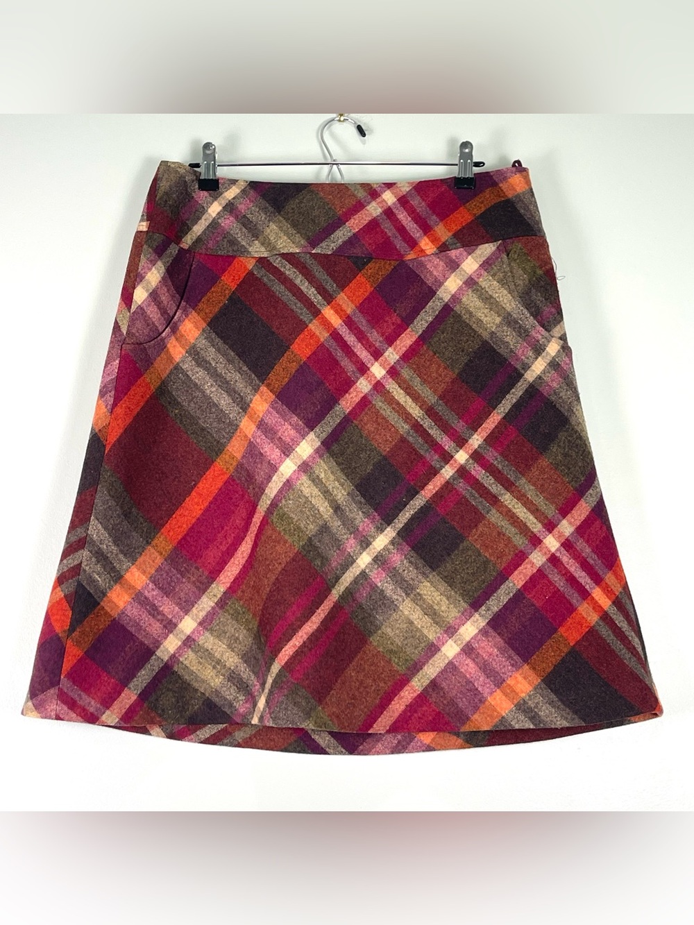 TALBOTS 100% Wool Plaid Knee Length Skirt Brown Pink Orange Pockets Lined Sz. 14